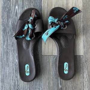 Oka-B Madison Slide Sandals Brown with Lobster Print Bow Detail Size ML